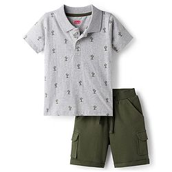Babyhug 100% Cotton Half Sleeves Cactus Printed Polo T-Shirt & Short Set - Grey & Dark Green