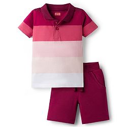 Babyhug Single Jersey Knit Half Sleeves Striped Polo T-Shirt & Shorts Set - Maroon