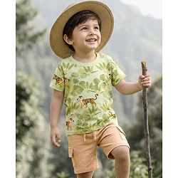 Babyhug Single Jersey Knit Half Sleeves T-Shirt & Shorts Set With Tiger Print - Multicolor