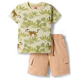 Babyhug Single Jersey Knit Half Sleeves T-Shirt & Shorts Set With Tiger Print - Multicolor