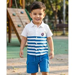 Babyhug Single Jersey Knit Half Sleeves Striped Shirt & Shorts Set - Blue