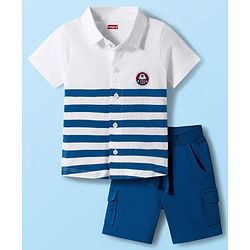 Babyhug Single Jersey Knit Half Sleeves Striped Shirt & Shorts Set - Blue