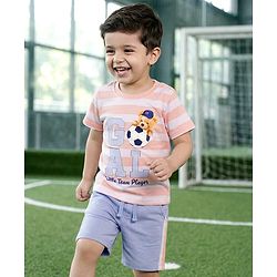 Babyhug Single Jersey Knit Half Sleeves Striped T-Shirt & Shorts Set With Goal Print - Multicolor