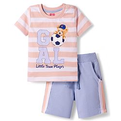Babyhug Single Jersey Knit Half Sleeves Striped T-Shirt & Shorts Set With Goal Print - Multicolor