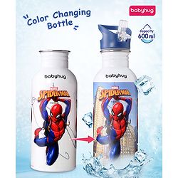 Babyhug Marvel SpiderMan Theme Stainless Steel Color Changing Magic Bottle Multicolor - 600ml| Leak Resistant| BPA Free| Rust Proof| Food Grade 304 SS| Soft Silicone Spout