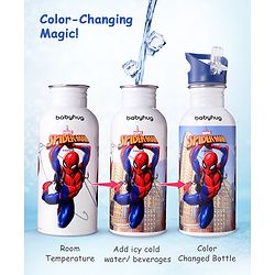 Babyhug Marvel SpiderMan Theme Stainless Steel Color Changing Magic Bottle Multicolor - 600ml| Leak Resistant| BPA Free| Rust Proof| Food Grade 304 SS| Soft Silicone Spout