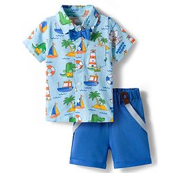 Babyhug Single Jersey Knit Half Sleeves Nautical Theme Printed Shirt & Shorts Set With Bow Applique & Suspender - Multicolor