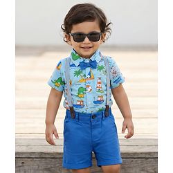 Babyhug Single Jersey Knit Half Sleeves Nautical Theme Printed Shirt & Shorts Set With Bow Applique & Suspender - Multicolor