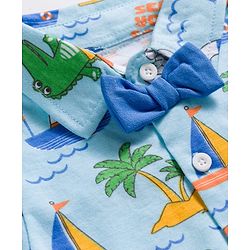 Babyhug Single Jersey Knit Half Sleeves Nautical Theme Printed Shirt & Shorts Set With Bow Applique & Suspender - Multicolor