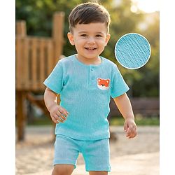 Babyhug 100% Cotton Knit Half Sleeves Fox Embroidered T-Shirt With Short Set - Light Blue