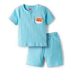Babyhug 100% Cotton Knit Half Sleeves Fox Embroidered T-Shirt With Short Set - Light Blue