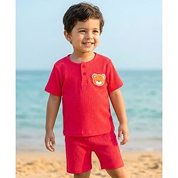 Babyhug Single Jersey Knit Half Sleeves T-Shirt & Shorts Set with Bear Patch Detailing - Red