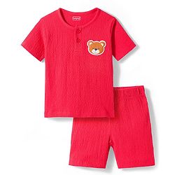 Babyhug Single Jersey Knit Half Sleeves T-Shirt & Shorts Set with Bear Patch Detailing - Red