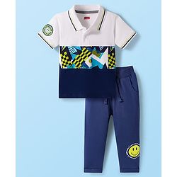 Babyhug Single Jersey Knit Half Sleeves Cut & Sew Polo T-Shirt & Lounge Pant Set with Smiley Print - Navy Blue