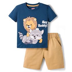 Babyhug Single Jersey Knit Half Sleeves T-Shirt & Woven Shorts Set With Animal Print - Blue & Beige