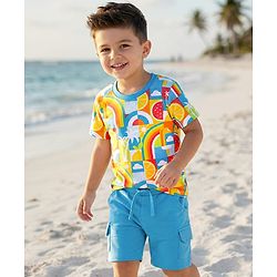 Babyhug Single Jersey Knit Half Sleeves T-Shirt & Shorts Set With Tropical Print - Multicolor