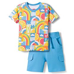 Babyhug Single Jersey Knit Half Sleeves T-Shirt & Shorts Set With Tropical Print - Multicolor