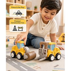 Babyhug Press & Go Mini Bulldozer & Driller Truck Toy with Flexible Joints for Toddlers| Early Learning & Development| Pretend Play Toy| Fun Toy for 3+ Years Kids |BIS Certified| Pack of 2