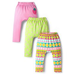 Babyhug Cotton Interlock Knit Full Length Diaper Leggings With Floral Print Pack Of 3 - Pink & Green