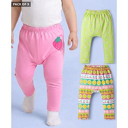 Babyhug Cotton Interlock Knit Full Length Diaper Leggings With Floral Print Pack Of 3 - Pink & Green