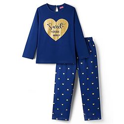 Babyhug Cotton Knit Full Sleeves T-Shirt & Pyjama Night Suit With Heart Print - Navy Blue