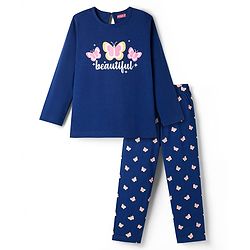 Babyhug Cotton Knit Full Sleeves T-Shirt & Pyjama Night Suit With Butterfly Print - Navy Blue