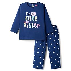 Babyhug Cotton Knit Full Sleeves T-Shirt & Pajama Night Suit With Heart Print - Navy Blue