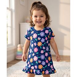 Babyhug Cotton Knit Half Sleeves Nighty With Floral Print - Navy Blue