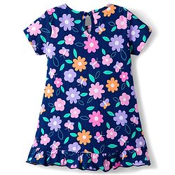 Babyhug Cotton Knit Half Sleeves Nighty With Floral Print - Navy Blue