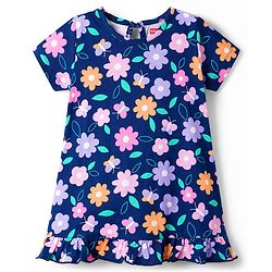 Babyhug Cotton Knit Half Sleeves Nighty With Floral Print - Navy Blue
