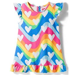 Babyhug Cotton Knit Frill Sleeves Nighty With Heart Print - Multicolor