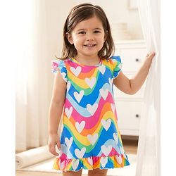 Babyhug Cotton Knit Frill Sleeves Nighty With Heart Print - Multicolor