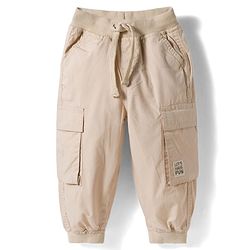 Babyhug Poplin Cotton Woven Full Length Solid Colour Trouser Pants with Patch & Cargo Pockets - Beige