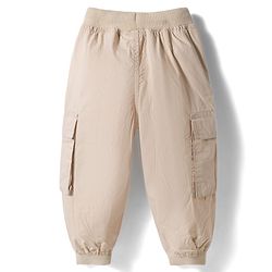 Babyhug Poplin Cotton Woven Full Length Solid Colour Trouser Pants with Patch & Cargo Pockets - Beige