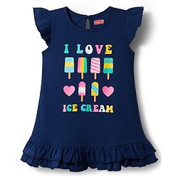 Babyhug Single Jersey Cotton Knit Frill Sleeves Ice Cream Printed Nighty - Navy Blue