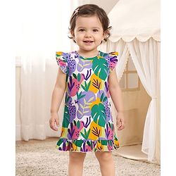 Babyhug Cotton Knit Frill Sleeves Nighty With Leaf Print - White