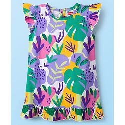 Babyhug Cotton Knit Frill Sleeves Nighty With Leaf Print - White