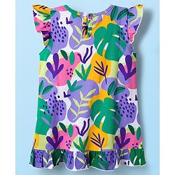 Babyhug Cotton Knit Frill Sleeves Nighty With Leaf Print - White