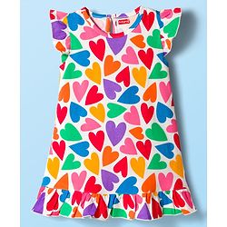 Babyhug Cotton Knit Frill Sleeves Nighty With Heart Print - Multicolour