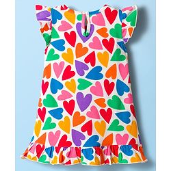 Babyhug Cotton Knit Frill Sleeves Nighty With Heart Print - Multicolour