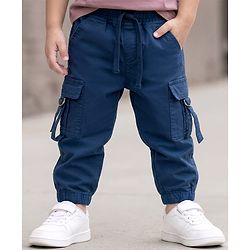 Babyhug Twill Lycra Woven Full Length Cut N Sew Trouser With Cargo Pockets - Navy Blue
