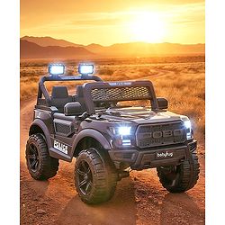 Babyhug POBO Battery Operated Ride on Jeep with Music & LED Lights - Black| Rechargeable Battery| Openable Doors| Built-in Music & AUX|Remote Control|Easy to Assemble| Forward Reverse & Swing Function