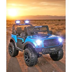 Babyhug POBO Battery Operated Ride on Jeep with Music & LED Lights - Blue| Rechargeable Battery| Openable Doors| Built-in Music & AUX|Remote Control|Easy to Assemble| Forward Reverse & Swing Function