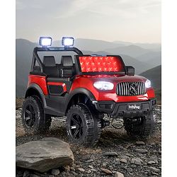 Babyhug Battery Operated Ride on Jeep with LED Lights - Red| Rechargeable Battery| Openable Doors| Built-in Music & AUX| Remote Control| Easy to Assemble| Forward Reverse & Swing| Indoor Outdoor Toy