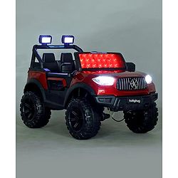 Babyhug Battery Operated Ride on Jeep with LED Lights - Red| Rechargeable Battery| Openable Doors| Built-in Music & AUX| Remote Control| Easy to Assemble| Forward Reverse & Swing| Indoor Outdoor Toy