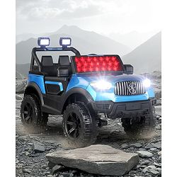 Babyhug Battery Operated Ride on Jeep with LED Lights -Blue| Rechargeable Battery| Openable Doors| Built-in Music & AUX| Remote Control| Easy to Assemble| Forward Reverse & Swing| Indoor Outdoor Toy