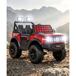 Babyhug Battery Operated Ride on Jeep with LED Lights -Red| Rechargeable Battery| Openable Doors| Built-in Music & AUX| Remote Control| Easy to Assemble| Forward Reverse & Swing| Indoor Outdoor Toy