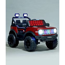 Babyhug Battery Operated Ride on Jeep with LED Lights -Red| Rechargeable Battery| Openable Doors| Built-in Music & AUX| Remote Control| Easy to Assemble| Forward Reverse & Swing| Indoor Outdoor Toy