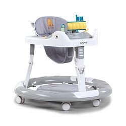 Babyhug 360° Musical Baby Walker with Lights  Grey| 3-Level Height Adjustment| Detachable Play & Feeding Tray| Compact Fold| Smooth Swivel Wheels| Cushioned Seat| 624 Months| Removable Foot Mat