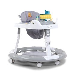 Babyhug 360° Musical Baby Walker with Lights  Grey| 3-Level Height Adjustment| Detachable Play & Feeding Tray| Compact Fold| Smooth Swivel Wheels| Cushioned Seat| 624 Months| Removable Foot Mat